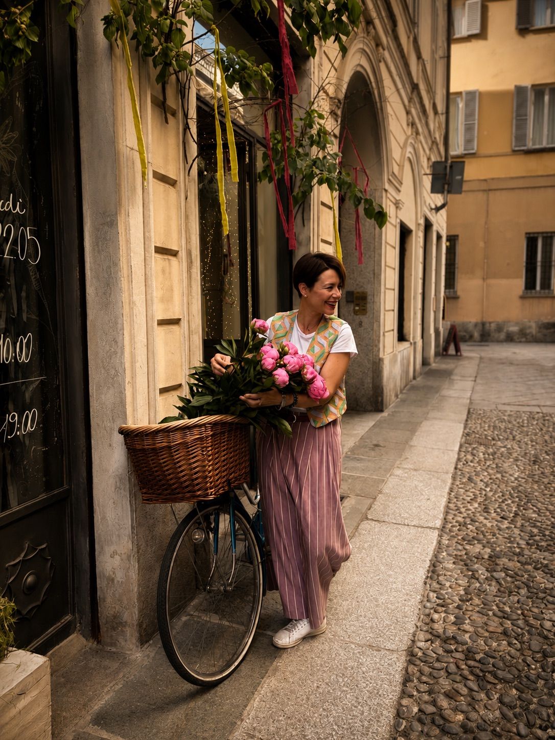 Consegna di fiori in bicicletta per le vie della città