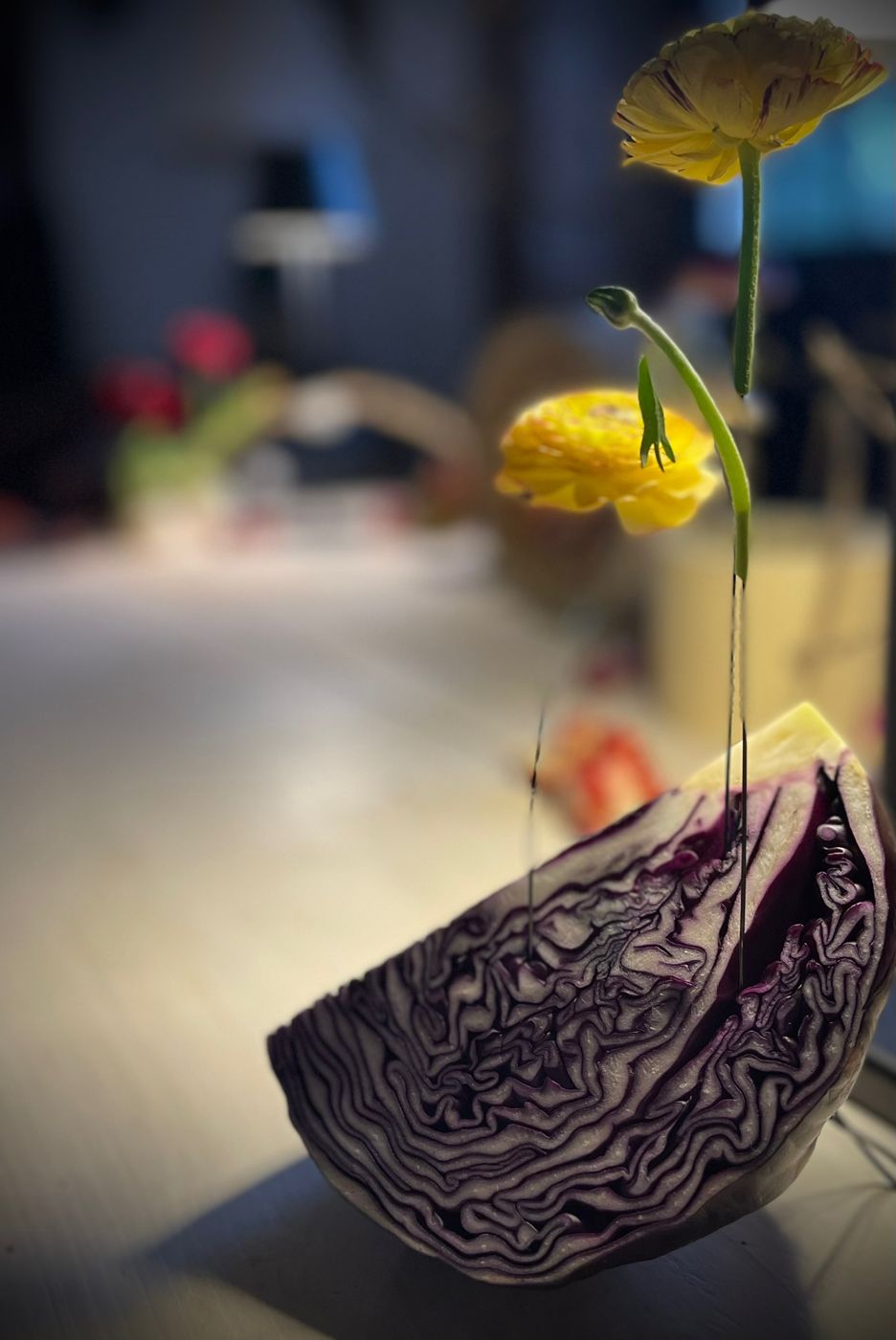 Tavola d'evento con ranuncolo giallo, cavolo viola e candele