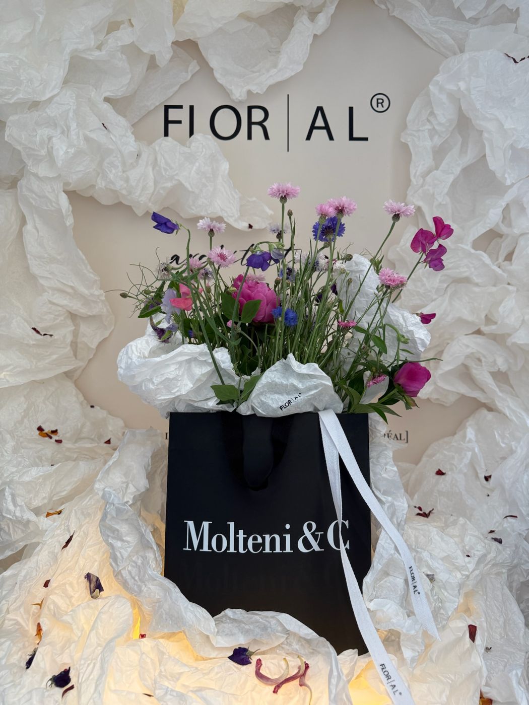 Shopping bag Molteni&C con fiori di pisello odoroso e carta FLOR A L
