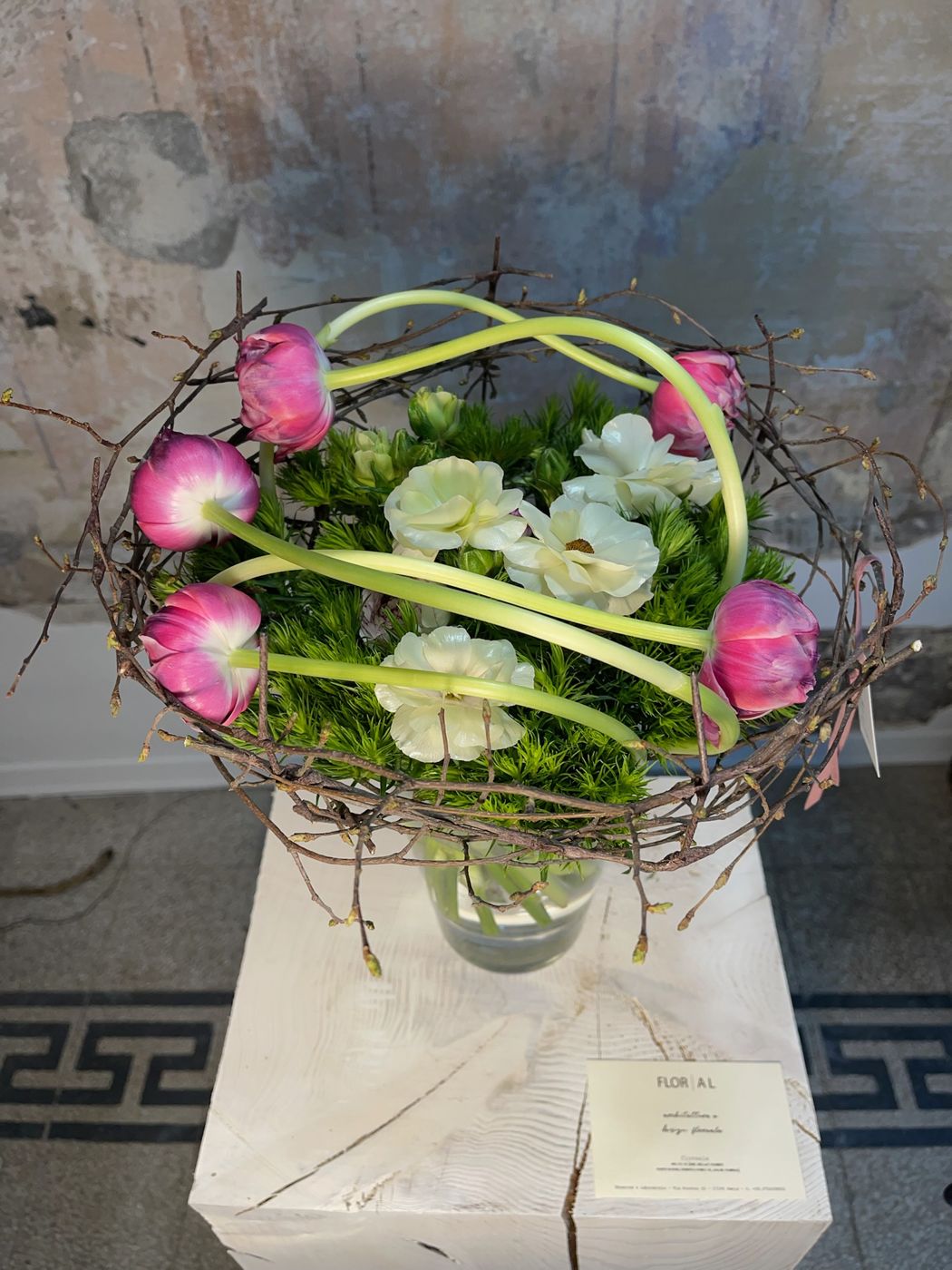 Nido di tulipani rosa e fiori bianchi