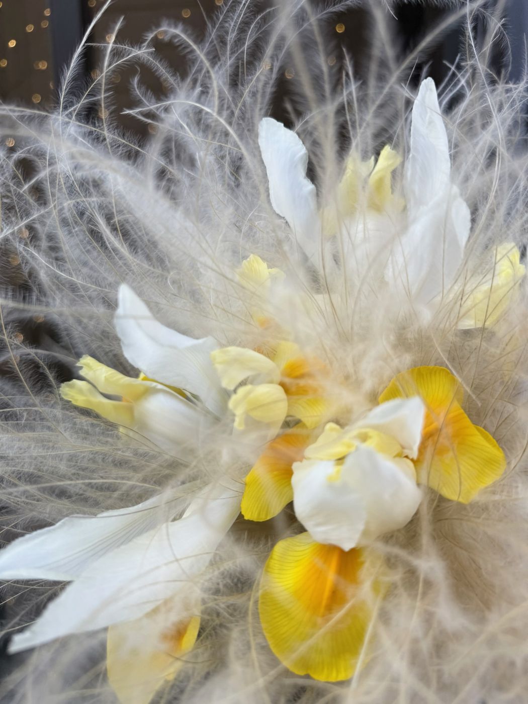Composizione eterea di iris e piume vegetali bianche e gialle